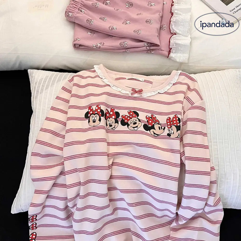 パジャマ セット レース 付き 女性用 韓国風 ミッキー ストライプ ピンク かわいい ルームウェア ホームウェア 甘 ロマンチック 快適 ゆったり 長袖 トップス ボトムス プレゼント 彼女 ギフト ID4151 レディース＞セットアップ