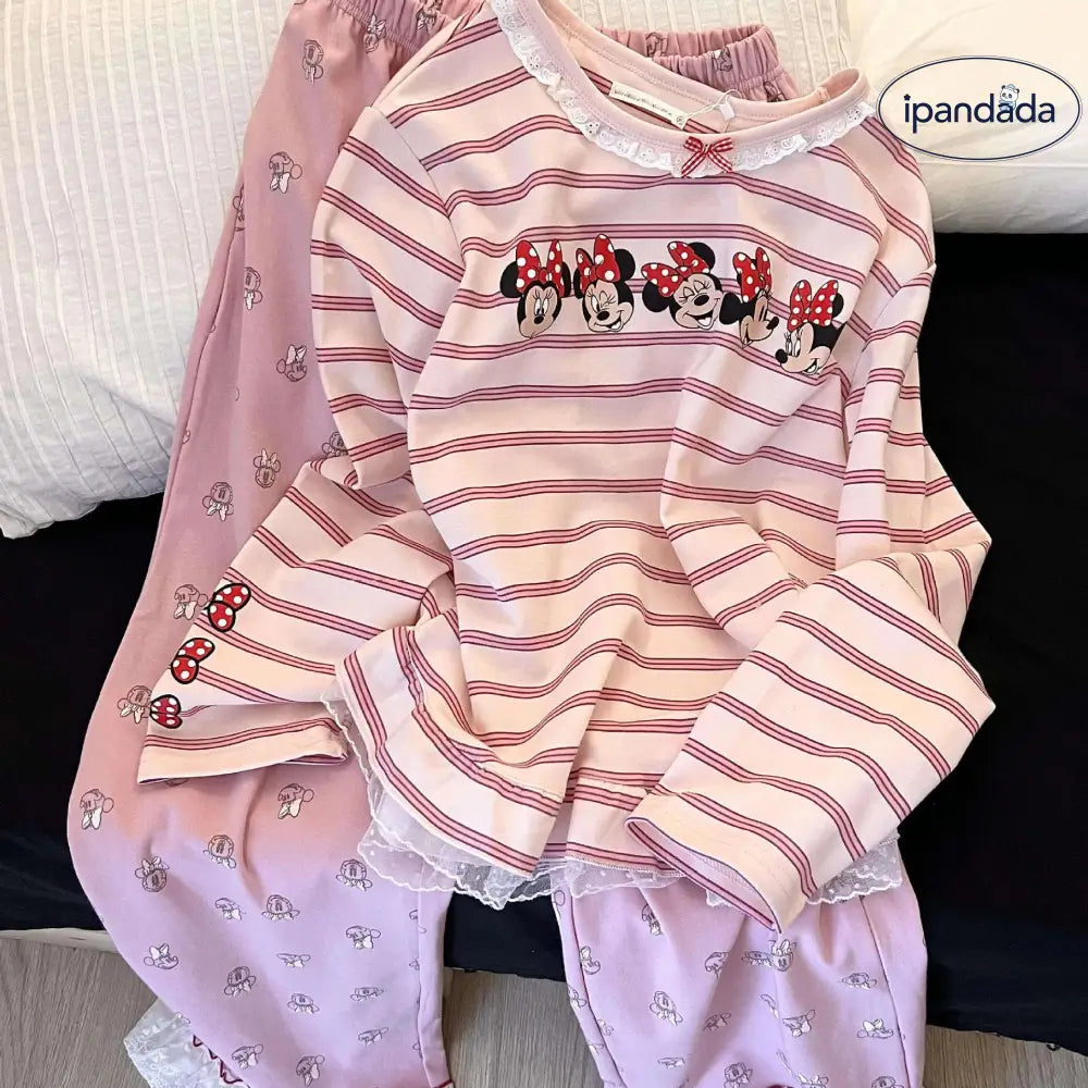 パジャマ セット レース 付き 女性用 韓国風 ミッキー ストライプ ピンク かわいい ルームウェア ホームウェア 甘 ロマンチック 快適 ゆったり 長袖 トップス ボトムス プレゼント 彼女 ギフト ID4151 レディース＞セットアップ