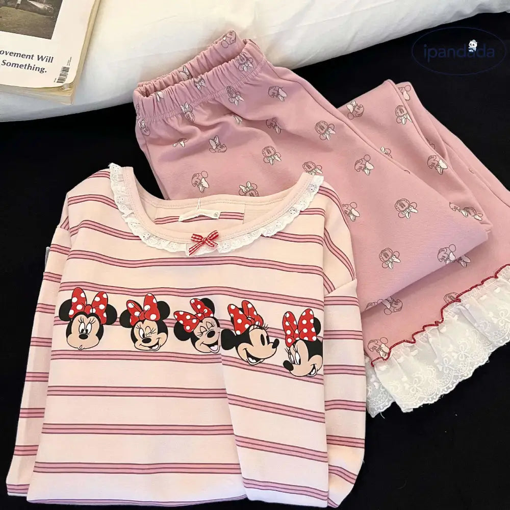 パジャマ セット レース 付き 女性用 韓国風 ミッキー ストライプ ピンク かわいい ルームウェア ホームウェア 甘 ロマンチック 快適 ゆったり 長袖 トップス ボトムス プレゼント 彼女 ギフト ID4151 レディース＞セットアップ