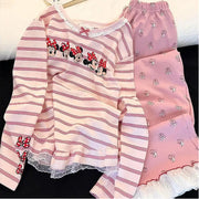 パジャマ セット レース 付き 女性用 韓国風 ミッキー ストライプ ピンク かわいい ルームウェア ホームウェア 甘 ロマンチック 快適 ゆったり 長袖 トップス ボトムス プレゼント 彼女 ギフト ID4151 ピンク / S