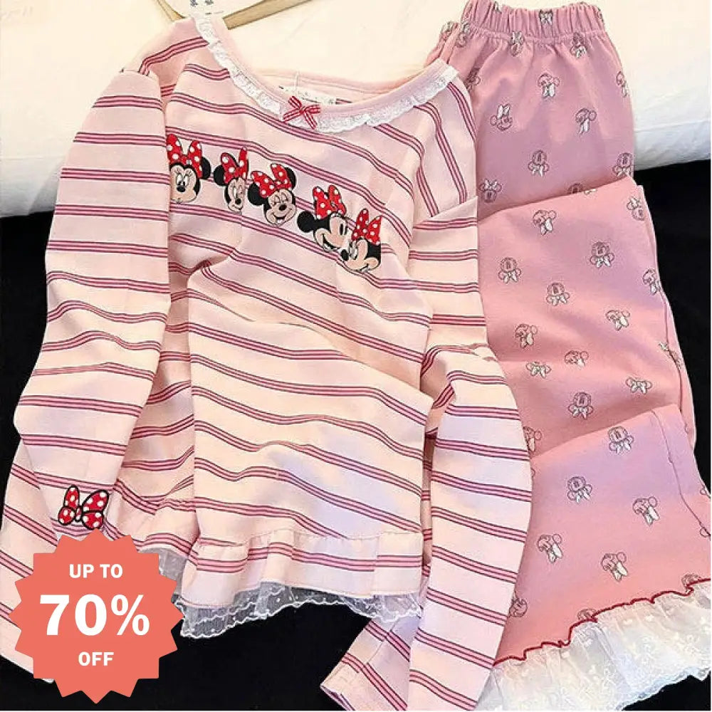 パジャマ セット レース 付き 女性用 韓国風 ミッキー ストライプ ピンク かわいい ルームウェア ホームウェア 甘 ロマンチック 快適 ゆったり 長袖 トップス ボトムス プレゼント 彼女 ギフト ID4151 ピンク / S