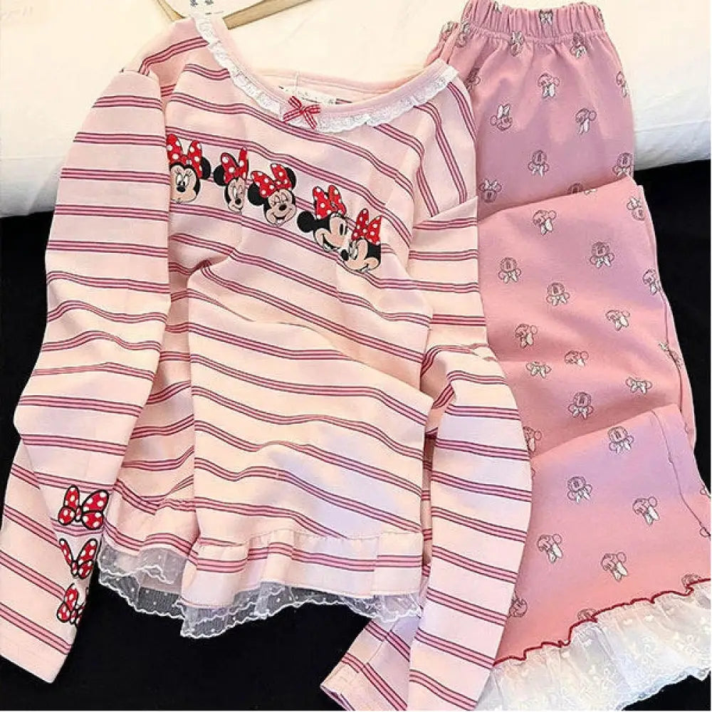パジャマ セット レース 付き 女性用 韓国風 ミッキー ストライプ ピンク かわいい ルームウェア ホームウェア 甘 ロマンチック 快適 ゆったり 長袖 トップス ボトムス プレゼント 彼女 ギフト ID4151 ピンク / S