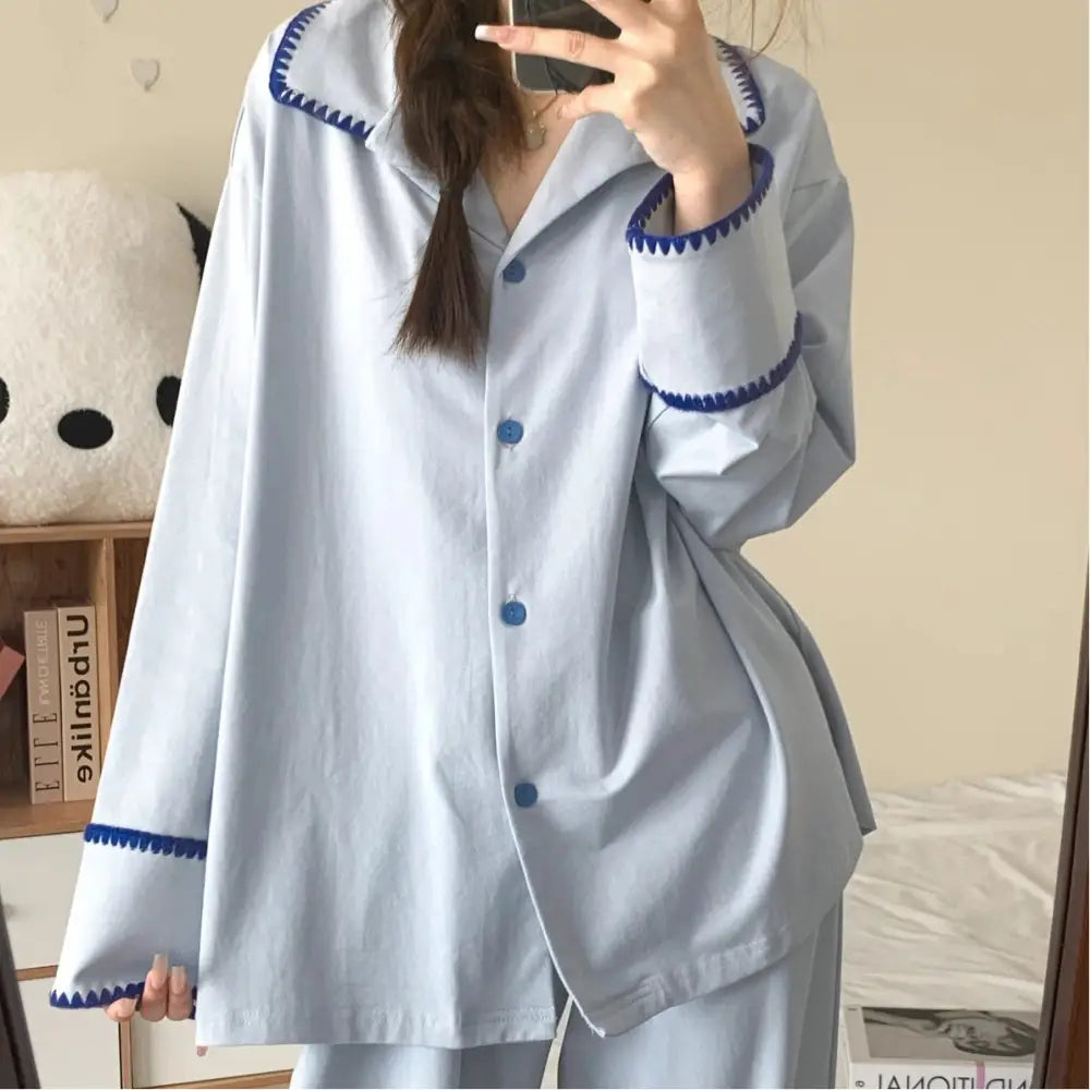 パジャマ セット 長袖 ルームウェア 部屋着 保温 2点セット シンプル ID4197 ブルー / M