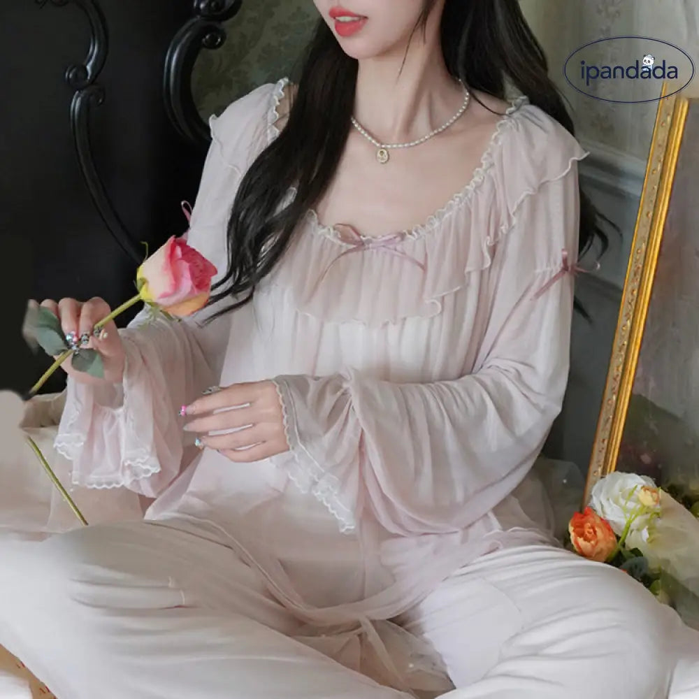 ID464 パジャマ セットアップ セクシープリンセス パジャマ ゆったり リボン フレンチ レース 宮廷風 長袖 甘い 可愛い ホームウェア セット レディース フェミニン ギフト プレゼント レディース＞セットアップ