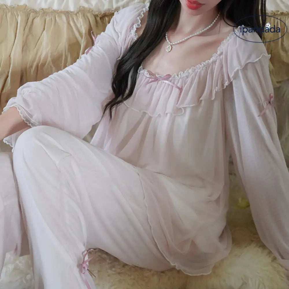 ID464 パジャマ セットアップ セクシープリンセス パジャマ ゆったり リボン フレンチ レース 宮廷風 長袖 甘い 可愛い ホームウェア セット レディース フェミニン ギフト プレゼント レディース＞セットアップ