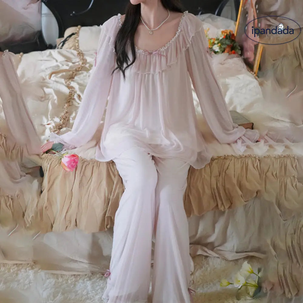 ID464 パジャマ セットアップ セクシープリンセス パジャマ ゆったり リボン フレンチ レース 宮廷風 長袖 甘い 可愛い ホームウェア セット レディース フェミニン ギフト プレゼント レディース＞セットアップ
