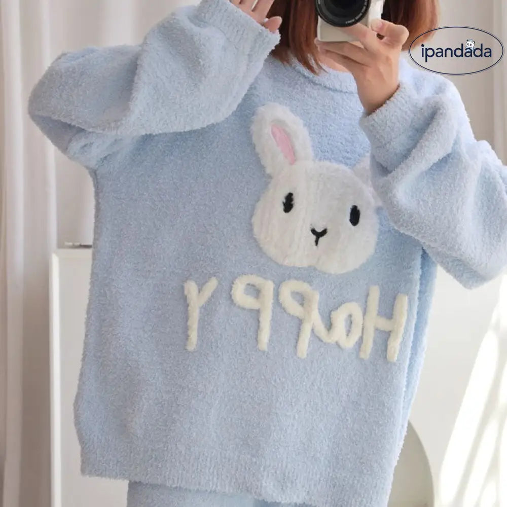 パジャマ 上下セット レディース かわいい 兎柄 うさぎ フランネル寝間着 ふわふわ もこもこ 秋冬着 両面起毛 暖かい シンプル ゆったり おしゃれ 室内外 便利服 肌触り レディース＞セットアップ