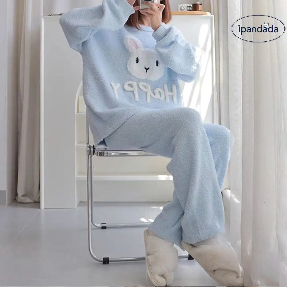 パジャマ 上下セット レディース かわいい 兎柄 うさぎ フランネル寝間着 ふわふわ もこもこ 秋冬着 両面起毛 暖かい シンプル ゆったり おしゃれ 室内外 便利服 肌触り レディース＞セットアップ
