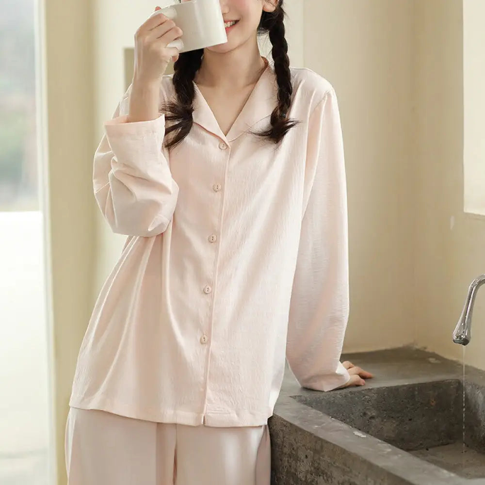 パジャマ 上下セット ルームウェア 春 秋 レディース 部屋着 前開き ナイトウェア 無地 セット 薄手 ゆったり シンプル おしゃれ 女性 春パジャマ 体型カバー 前開きパジャマ ギフト プレゼント ID3993 フリー / ピンク