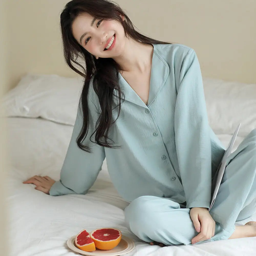 パジャマ 上下セット ルームウェア 春 秋 レディース 部屋着 前開き ナイトウェア 無地 セット 薄手 ゆったり シンプル おしゃれ 女性 春パジャマ 体型カバー 前開きパジャマ ギフト プレゼント ID3993 フリー / ブルー
