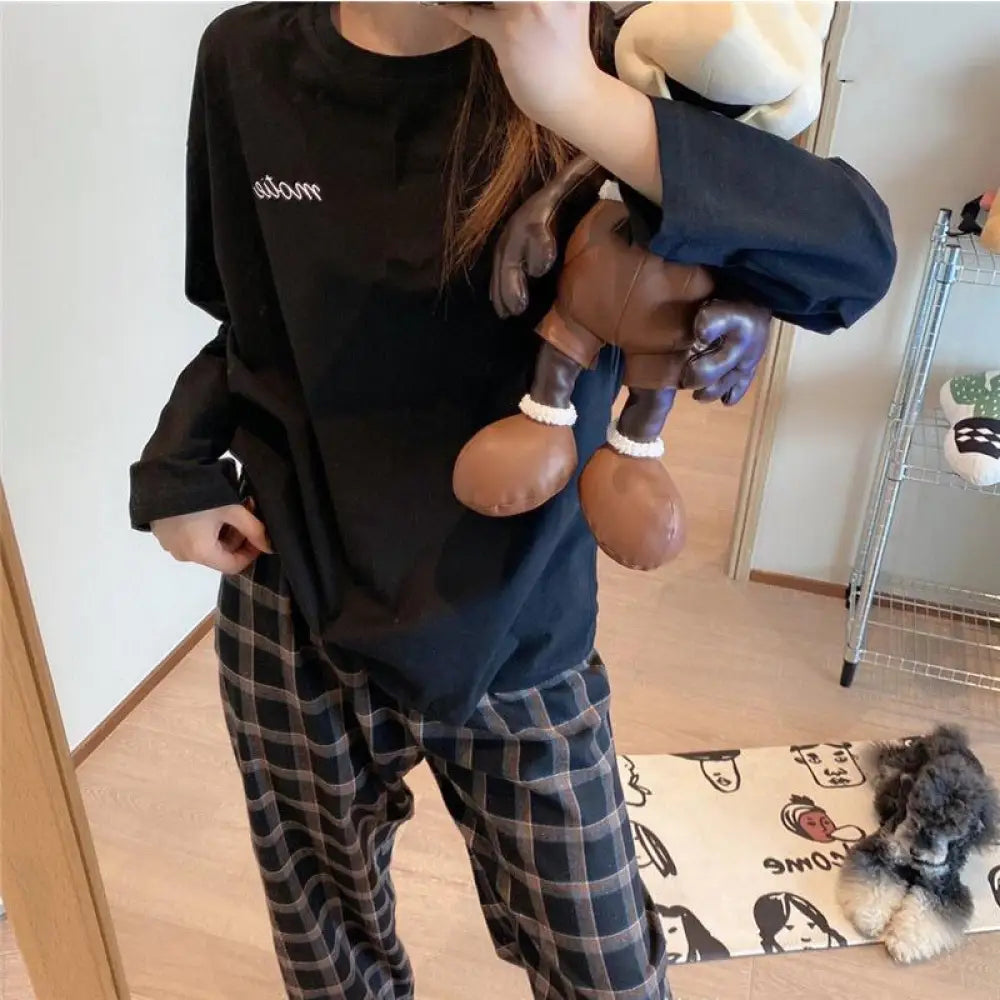 パジャマ 上下セット ルームウェア レディース ナイトウェア チェック柄 長袖 長ズボン かわいい 寝間着 薄手 ゆったり 通気性 春 セットアップ 長袖セット 部屋着 ID4530 ブラック / フリー レディース＞セットアップ