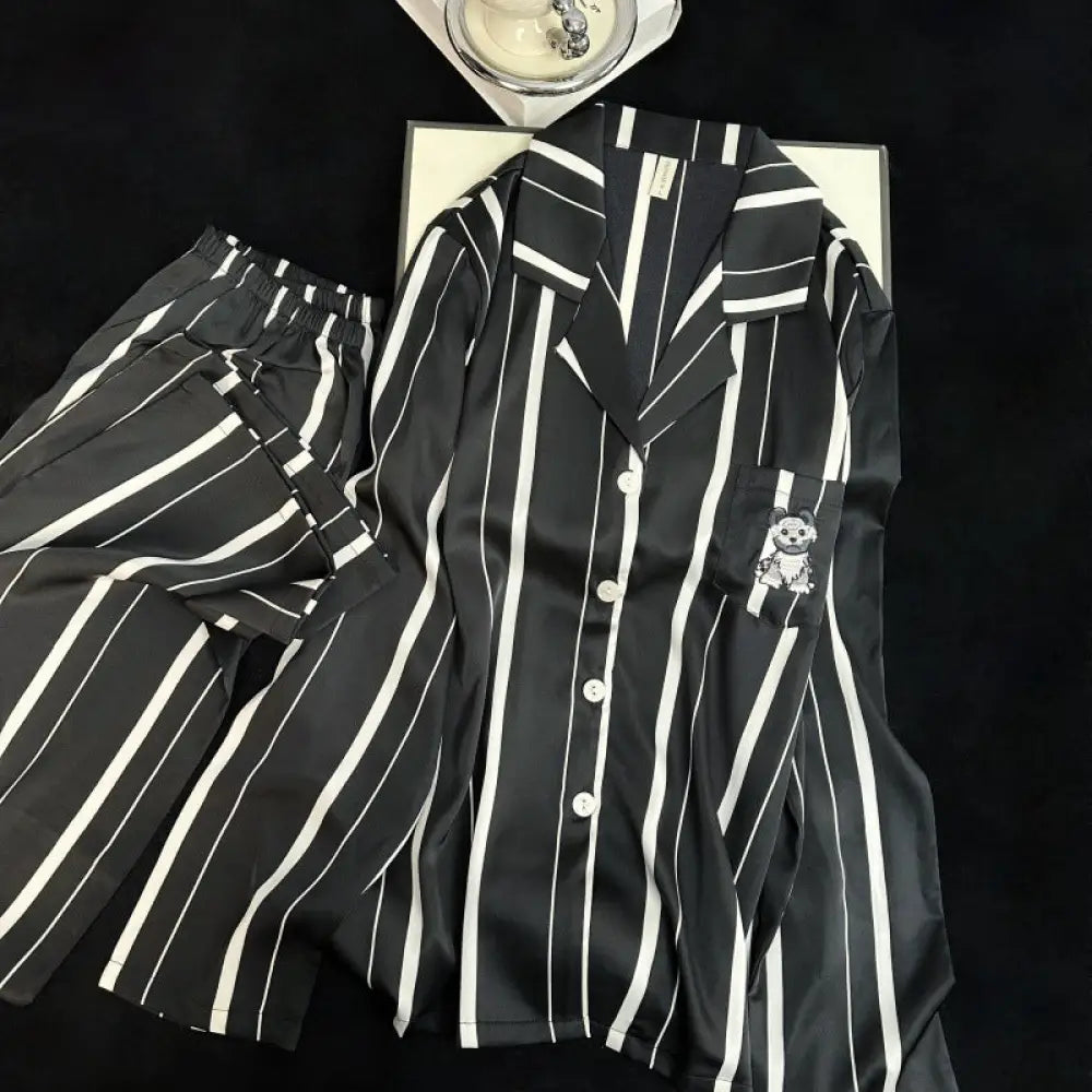 パジャマ 新作 ストライプ カートゥーン 2点セット ゆったり パジャマ 部屋着 可愛い リラックス 長袖 長ズボン プレゼント ギフト おしゃれ ID4435 ブラック / M レディース＞セットアップ