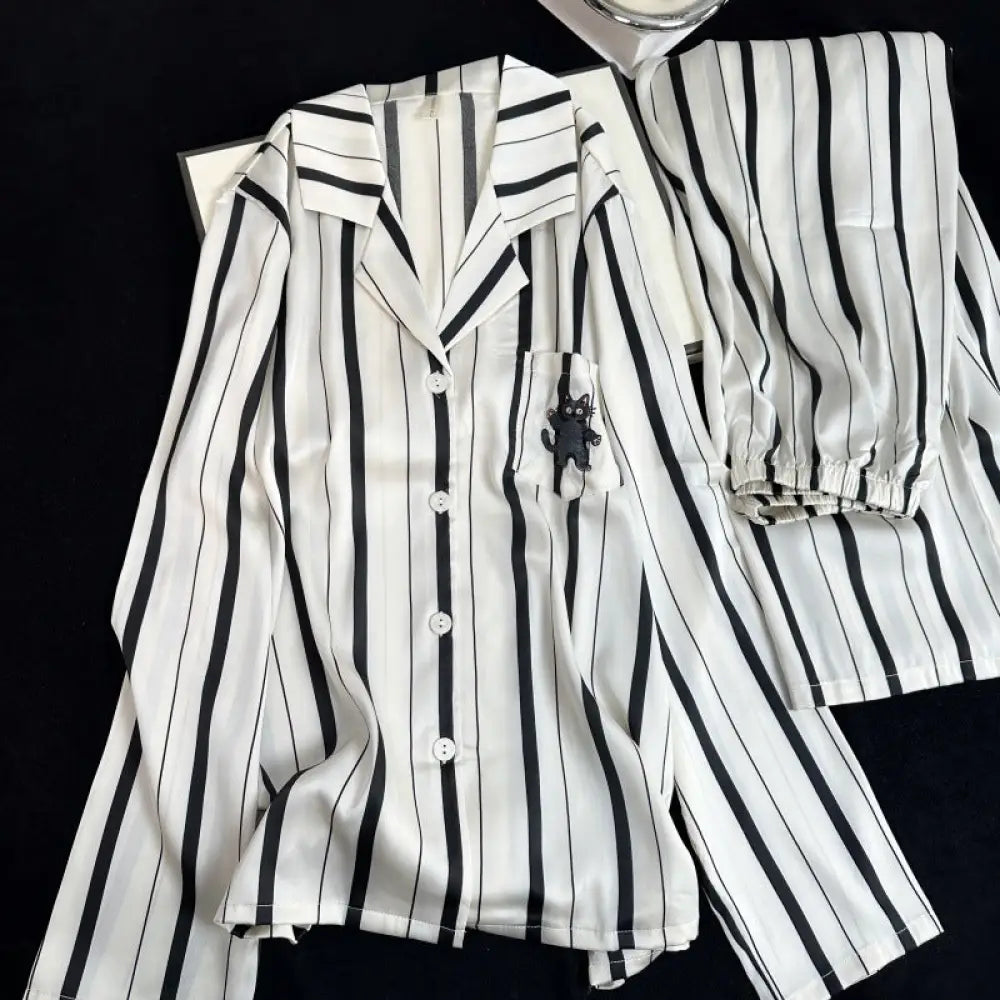 パジャマ 新作 ストライプ カートゥーン 2点セット ゆったり パジャマ 部屋着 可愛い リラックス 長袖 長ズボン プレゼント ギフト おしゃれ ID4435 ホワイト / M レディース＞セットアップ