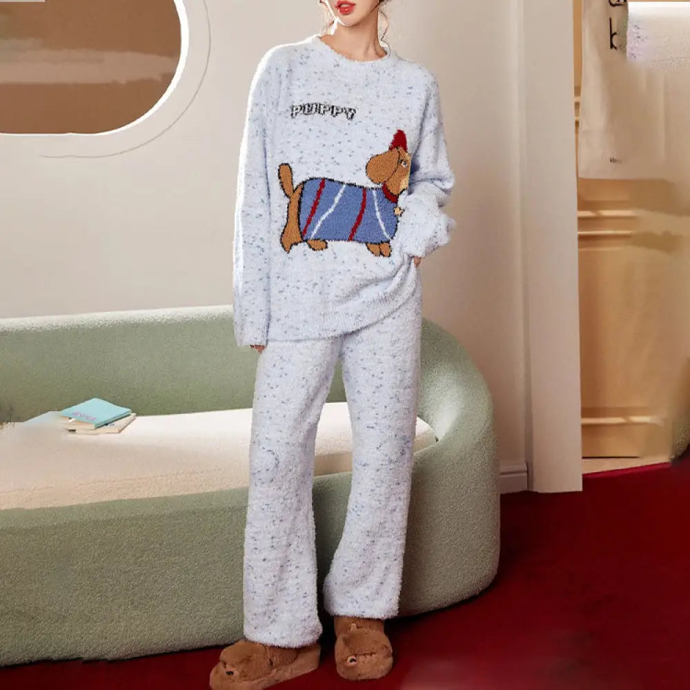 パジャマ ゆったり もこもこ ルームウェア 大人可愛い カートゥーン 部屋着 寝巻き ラウンドネック ブルー / M レディース＞セットアップ