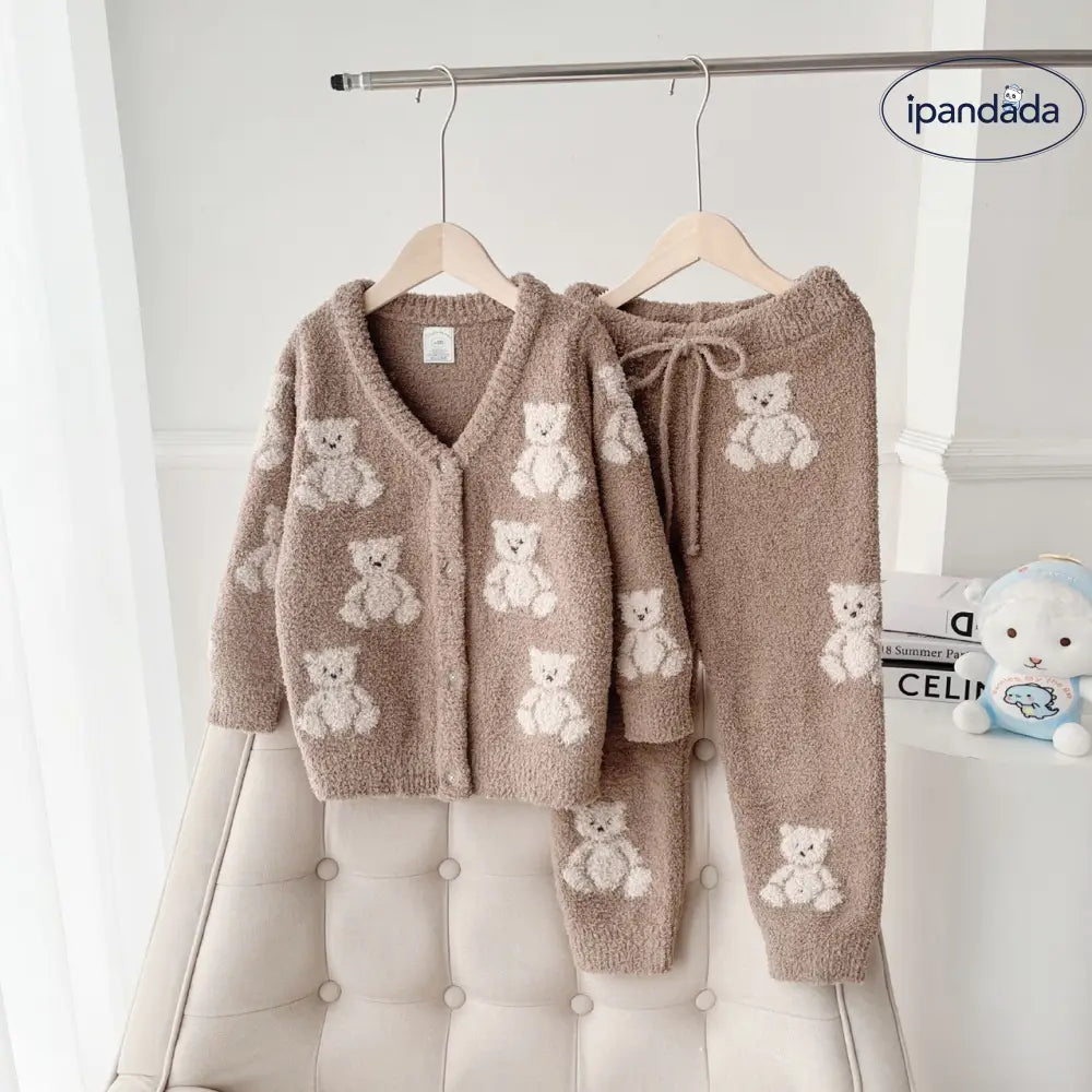 パジャマ 子供服 キッズ 女の子 ルームウェア 長袖ルームウェア あったか ふわふわ 防寒 可愛い 熊 前開き セットアップ プルオーバー ブラウン（前開き） / 80-90cm ベビー＆キッズ＞キッズ