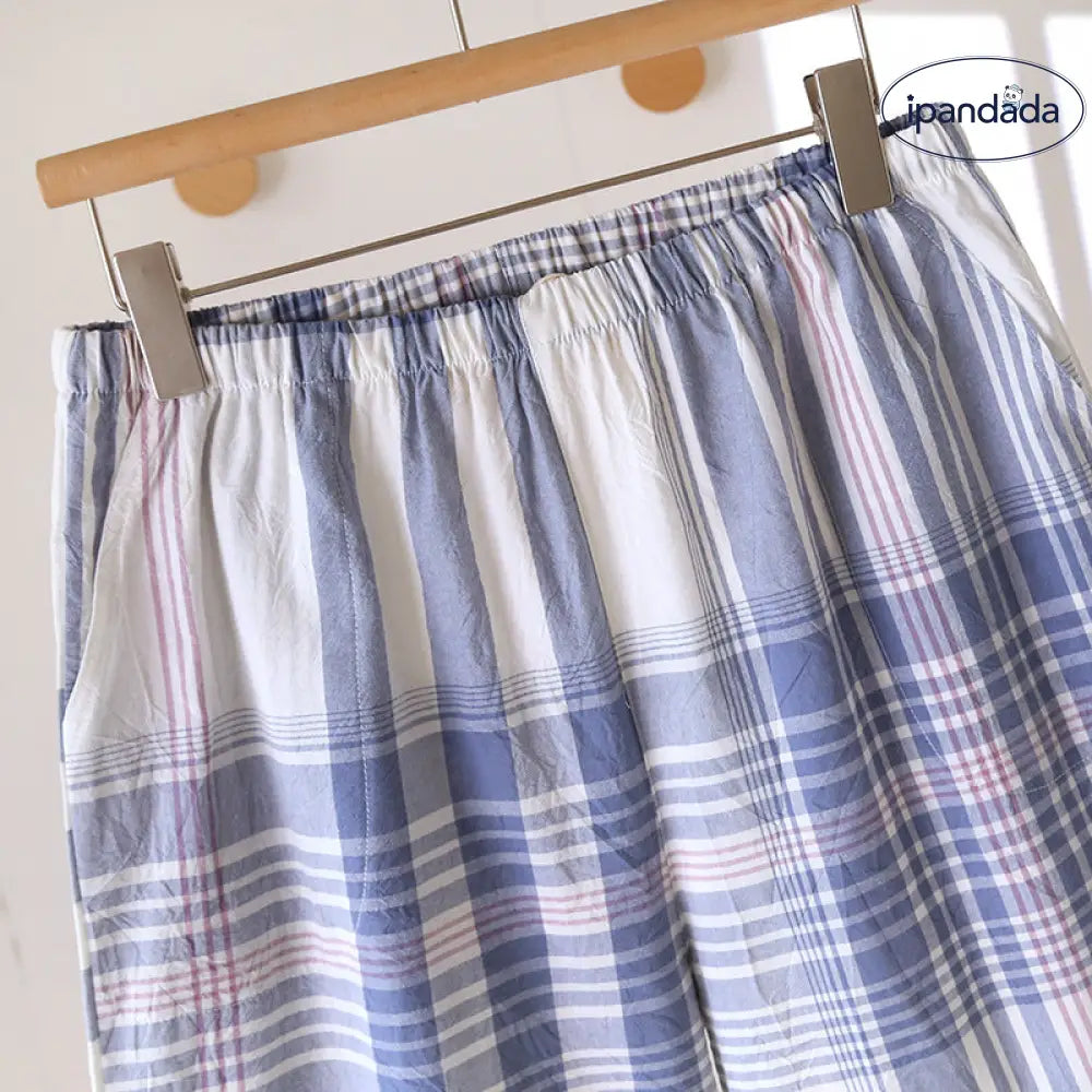 ID961 パジャマパンツ メンズ 夏用 水通し綿 チェック柄 薄手 ルーズ プラスサイズ ポケット付き ホームウェア 外出対応 メンズ＞ボトムス