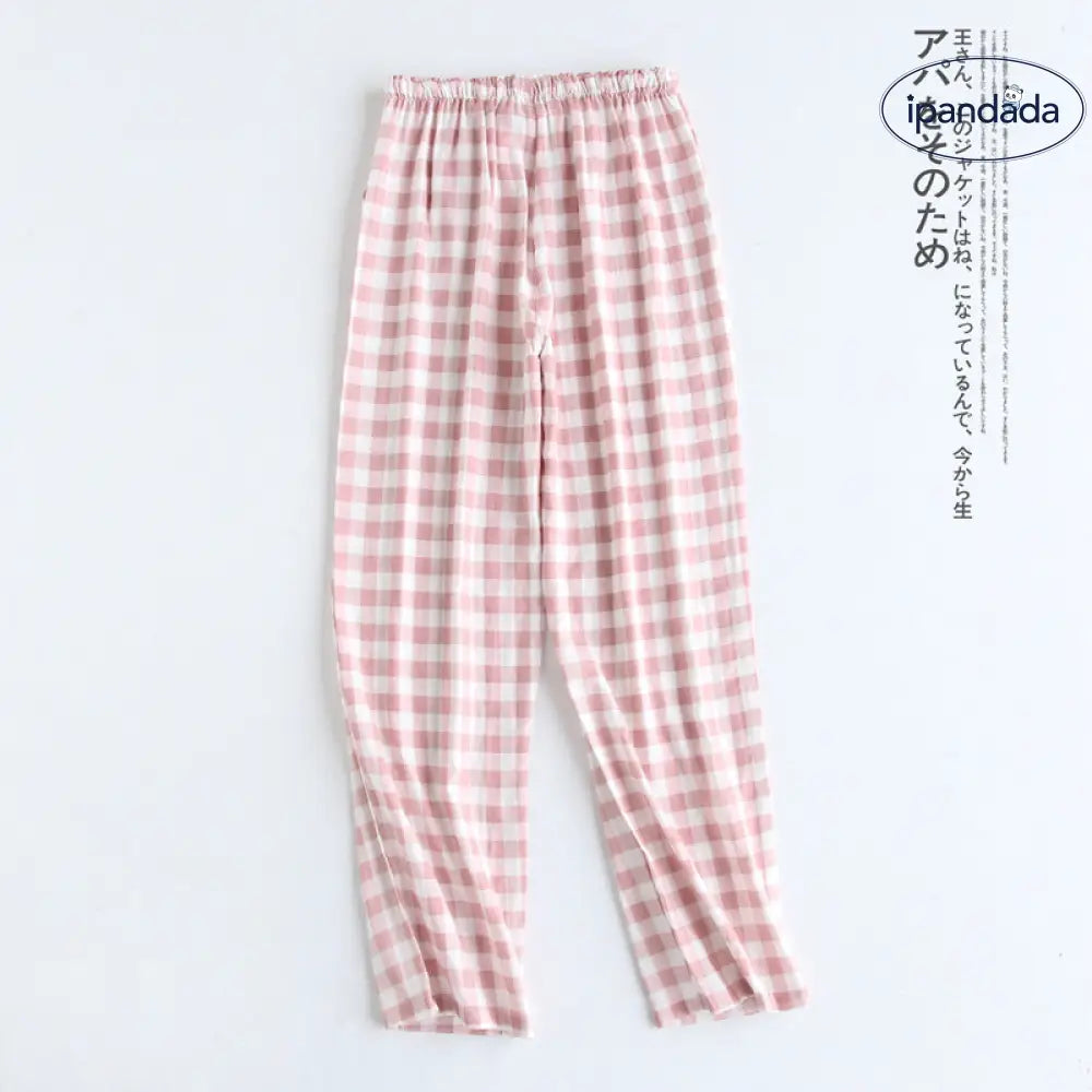 ID1324 パジャマパンツ ペア用 ダブルガーゼ オーガニック綿 チェック柄 薄手 超ゆったり 吸汗速乾 お出かけOK 男女兼用 冷え対策 無地 シンプル 新作 3色展開