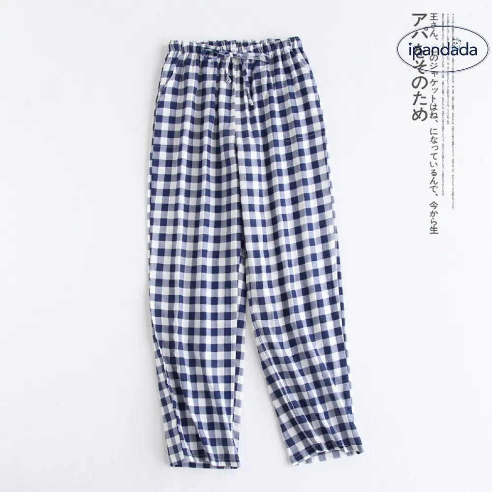 ID1324 パジャマパンツ ペア用 ダブルガーゼ オーガニック綿 チェック柄 薄手 超ゆったり 吸汗速乾 お出かけOK 男女兼用 冷え対策 無地 シンプル 新作 3色展開 ブルー（レディース ） / M カップル>ボトムス