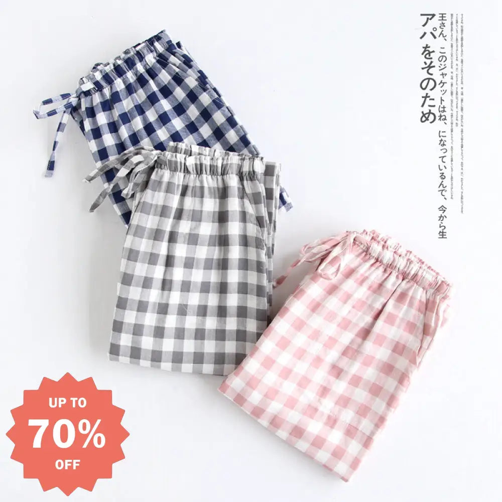 ID1324 パジャマパンツ ペア用 ダブルガーゼ オーガニック綿 チェック柄 薄手 超ゆったり 吸汗速乾 お出かけOK 男女兼用 冷え対策 無地 シンプル 新作 3色展開