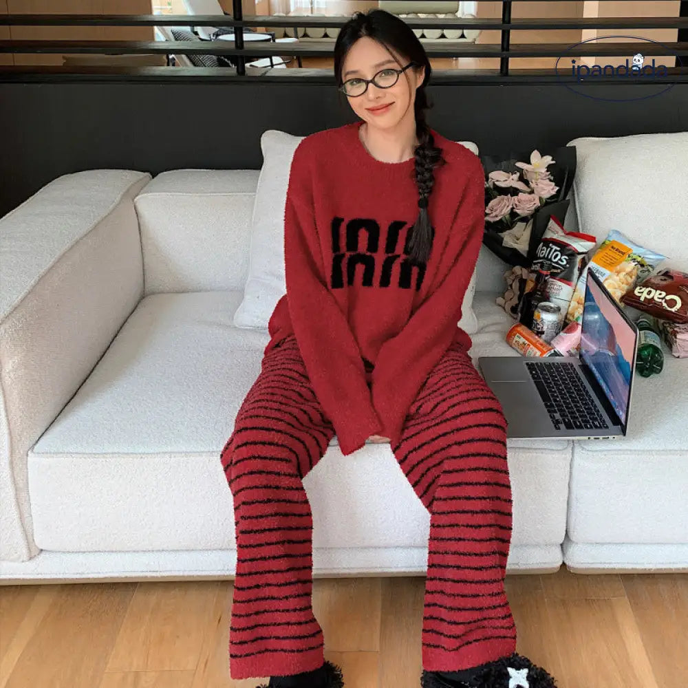 パジャマセット 秋冬 新作 フリース 厚手 保温 ゆったり ストライプ ルームウェア ソフト レディース ID3586