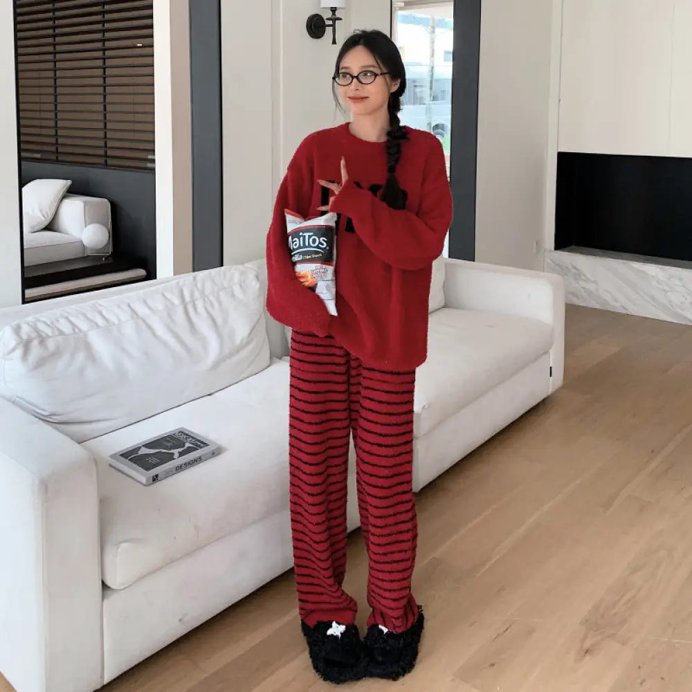 パジャマセット 秋冬 新作 フリース 厚手 保温 ゆったり ストライプ ルームウェア ソフト レディース ID3586 レッド / フリー
