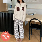 パジャマセット 秋冬 新作 フリース 厚手 保温 ゆったり ストライプ ルームウェア ソフト レディース ID3586