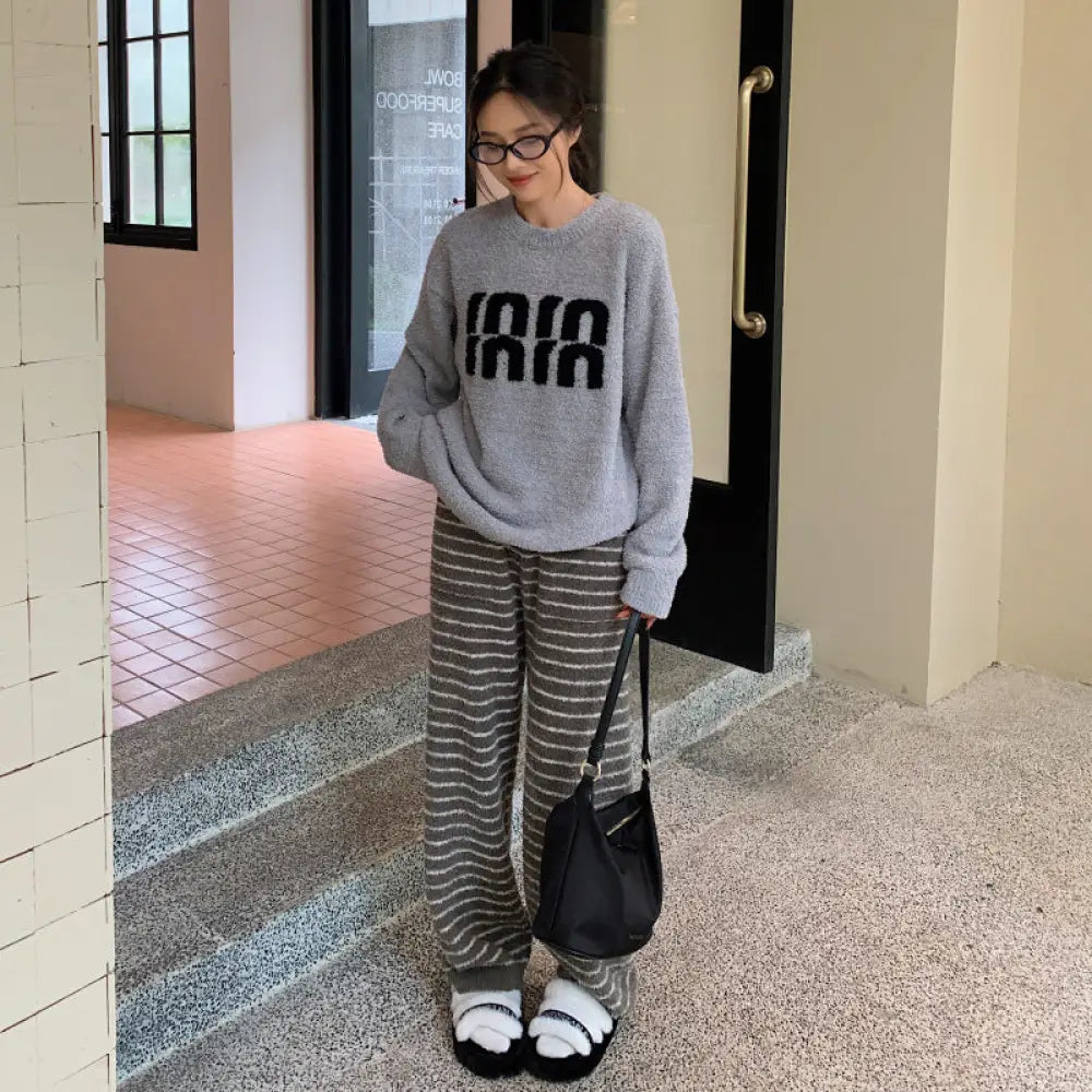 パジャマセット 秋冬 新作 フリース 厚手 保温 ゆったり ストライプ ルームウェア ソフト レディース ID3586 グレー / フリー