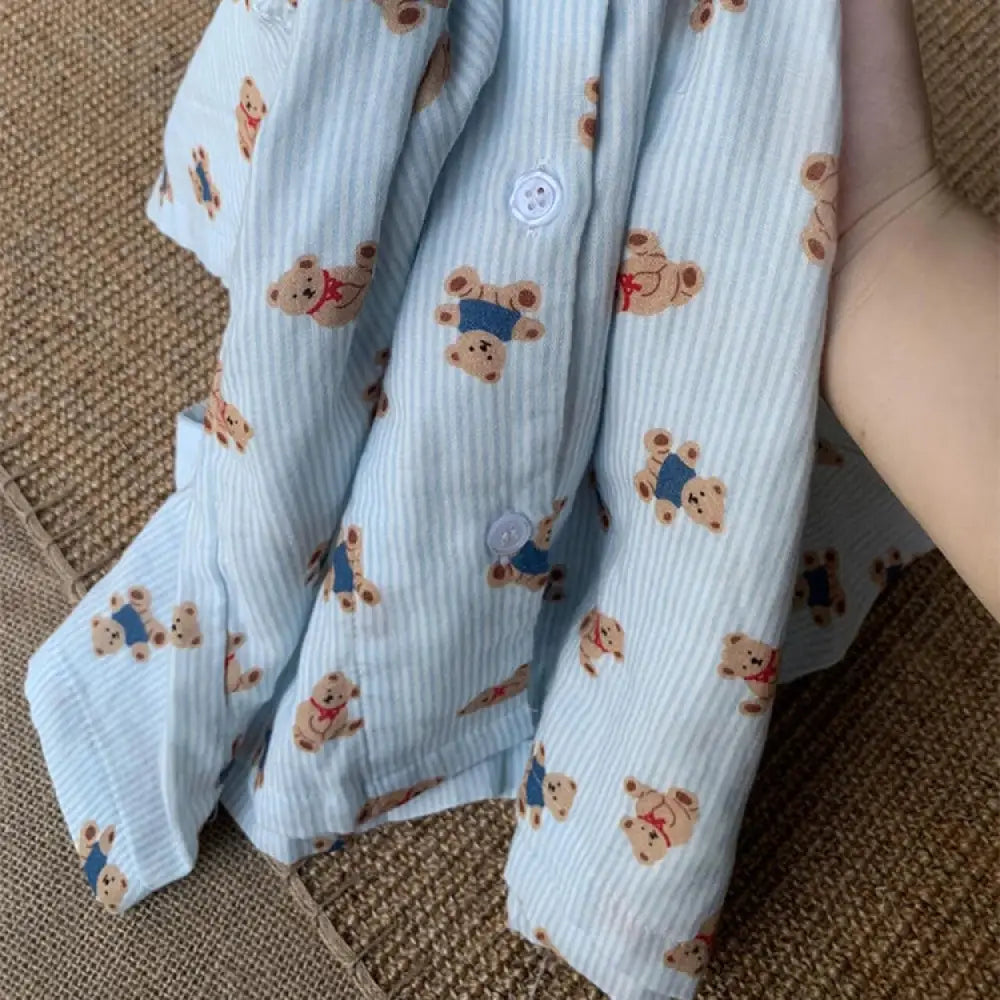 ID1353 パジャマセット レディース 春夏 クマちゃんプリント ストライプ柄 半袖 ゆったりサイズ お出かけOK ダブルガーゼ 吸汗速乾 薄手 カートゥーン 可愛い
