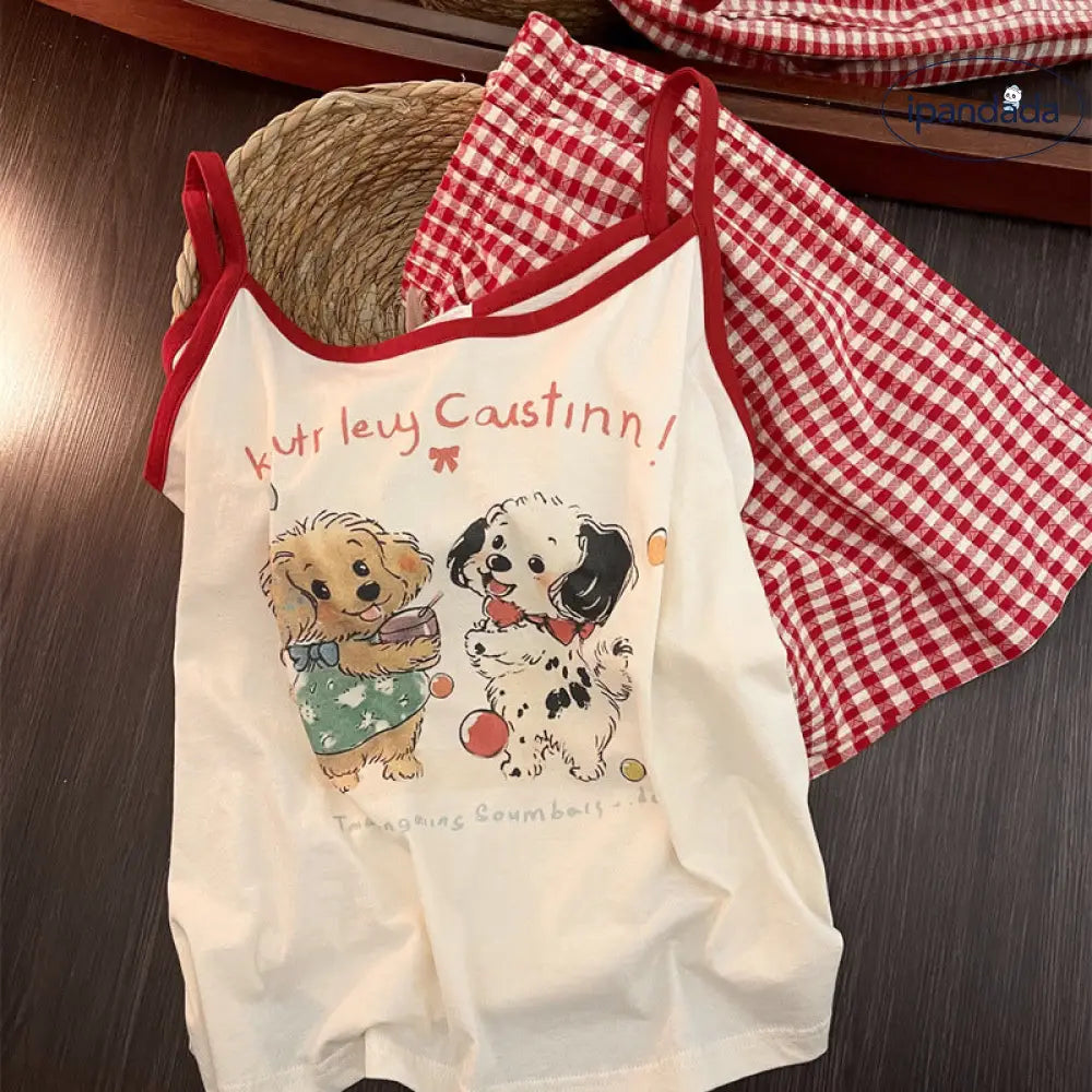 ID1360 パジャマセット レディース 夏 2025新作 子犬プリント ノースリーブ ギンガムチェック ショートパンツ お出かけOK ダブルガーゼ ひんやり スイート ガーリー 薄手 通販人気