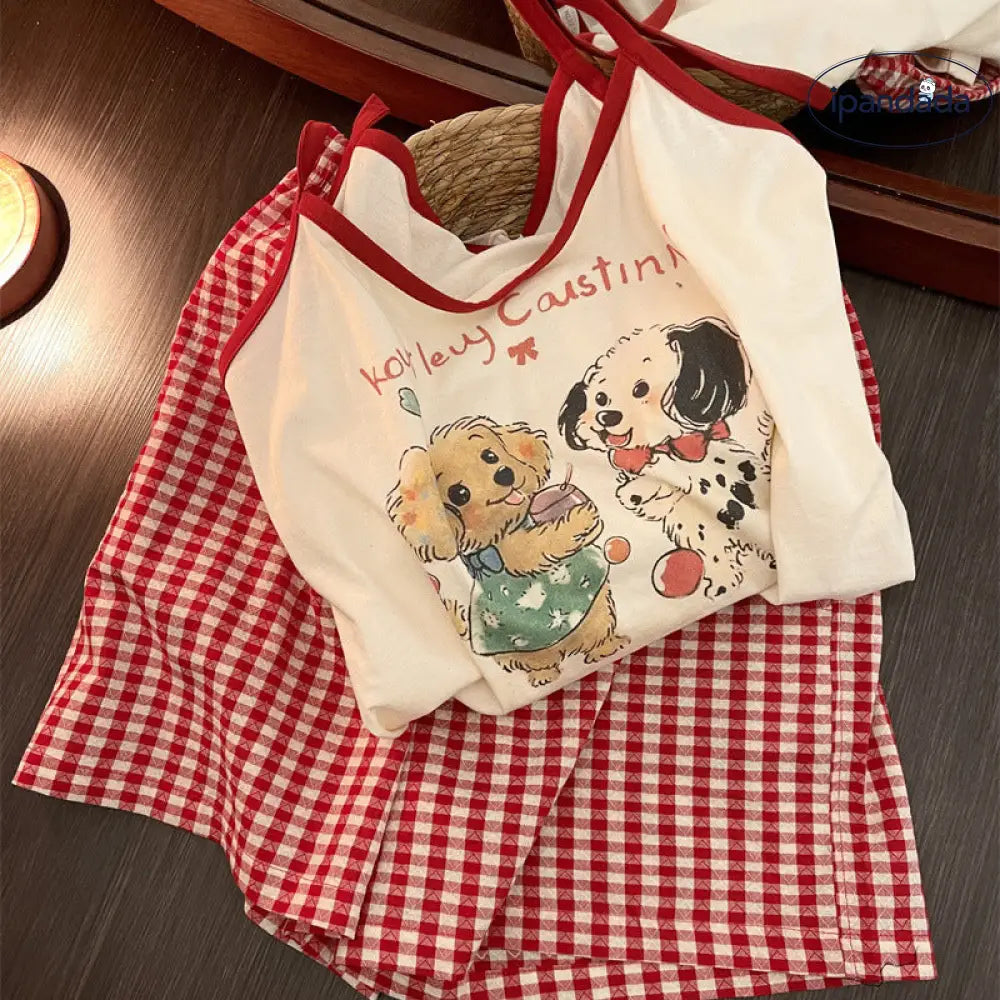 ID1360 パジャマセット レディース 夏 2025新作 子犬プリント ノースリーブ ギンガムチェック ショートパンツ お出かけOK ダブルガーゼ ひんやり スイート ガーリー 薄手 通販人気
