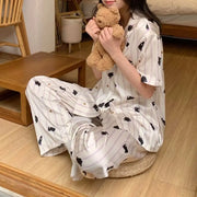 ID1334 パジャマセット レディース 夏 アイスシルク ストライプ柄 スイート キュート 肌ざわり最高 半袖 ショートパンツ 薄手 通気性 新作