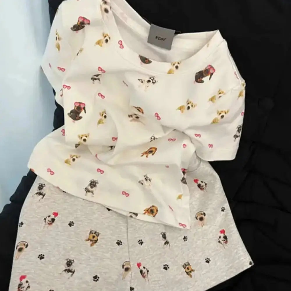 ID1328 パジャマセット レディース 夏 ワンちゃんプリント 半袖 ショートパンツ セットアップ ゆったりサイズ 吸汗 お出かけOK 薄手 カートゥーン 可愛い 通販人気 レディース＞セットアップ