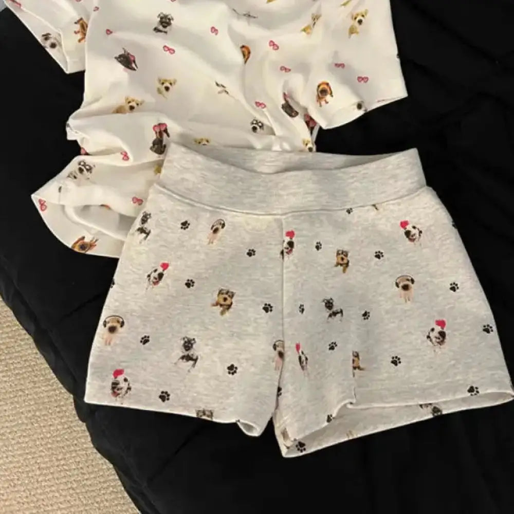 ID1328 パジャマセット レディース 夏 ワンちゃんプリント 半袖 ショートパンツ セットアップ ゆったりサイズ 吸汗 お出かけOK 薄手 カートゥーン 可愛い 通販人気 レディース＞セットアップ