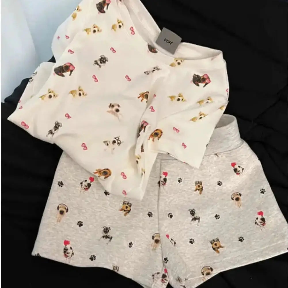 ID1328 パジャマセット レディース 夏 ワンちゃんプリント 半袖 ショートパンツ セットアップ ゆったりサイズ 吸汗 お出かけOK 薄手 カートゥーン 可愛い 通販人気 レディース＞セットアップ