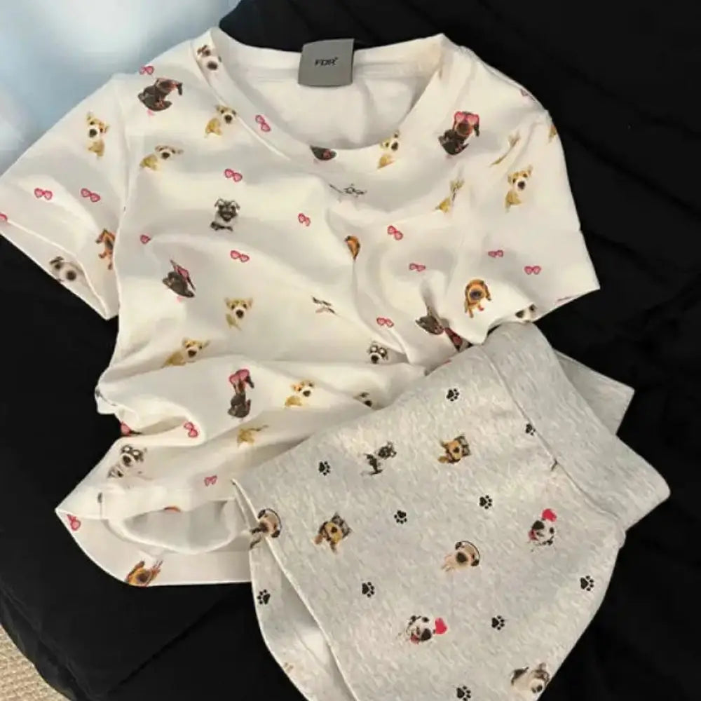 ID1328 パジャマセット レディース 夏 ワンちゃんプリント 半袖 ショートパンツ セットアップ ゆったりサイズ 吸汗 お出かけOK 薄手 カートゥーン 可愛い 通販人気 レディース＞セットアップ