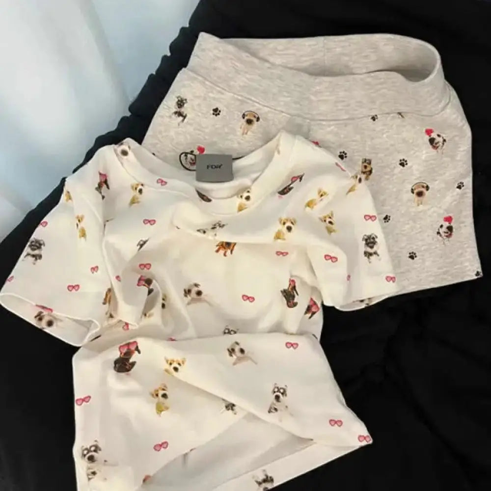 ID1328 パジャマセット レディース 夏 ワンちゃんプリント 半袖 ショートパンツ セットアップ ゆったりサイズ 吸汗 お出かけOK 薄手 カートゥーン 可愛い 通販人気 レディース＞セットアップ