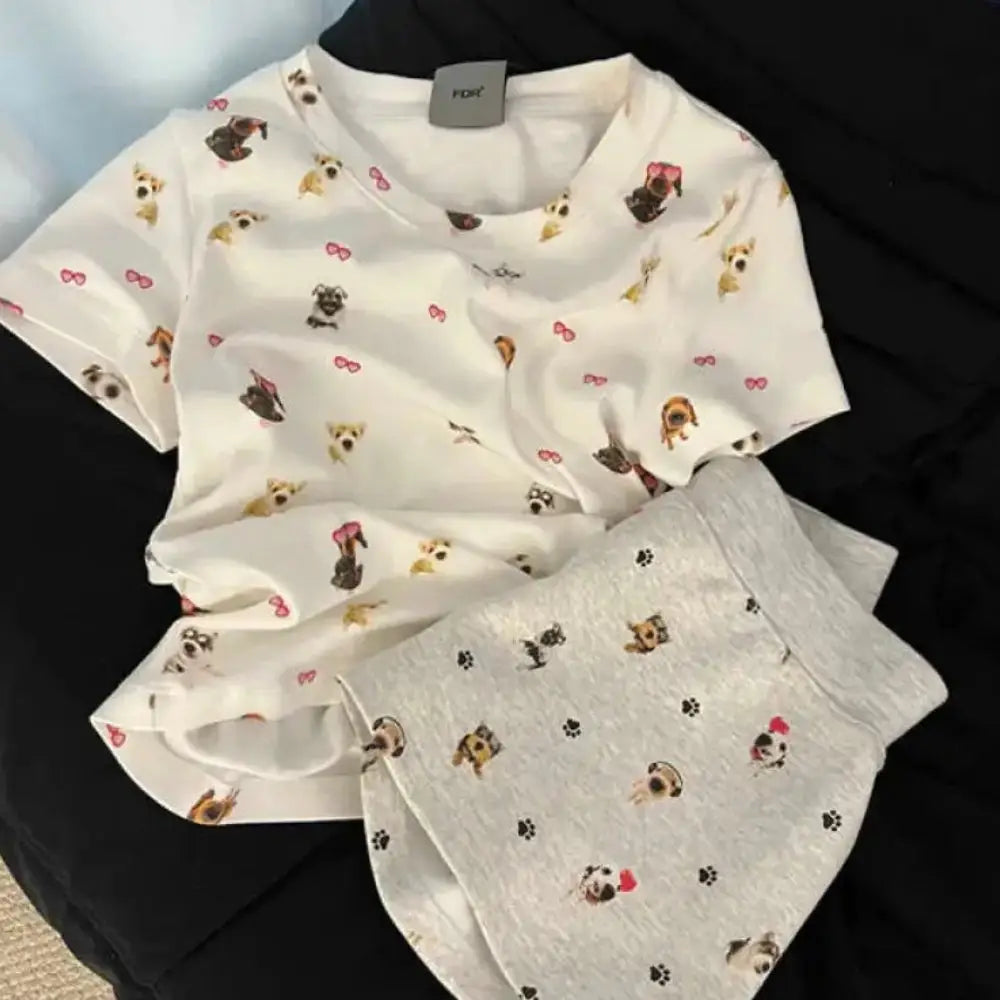 ID1328 パジャマセット レディース 夏 ワンちゃんプリント 半袖 ショートパンツ セットアップ ゆったりサイズ 吸汗 お出かけOK 薄手 カートゥーン 可愛い 通販人気 写真通り / M レディース＞セットアップ
