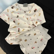 ID1328 パジャマセット レディース 夏 ワンちゃんプリント 半袖 ショートパンツ セットアップ ゆったりサイズ 吸汗 お出かけOK 薄手 カートゥーン 可愛い 通販人気 写真通り / M レディース＞セットアップ