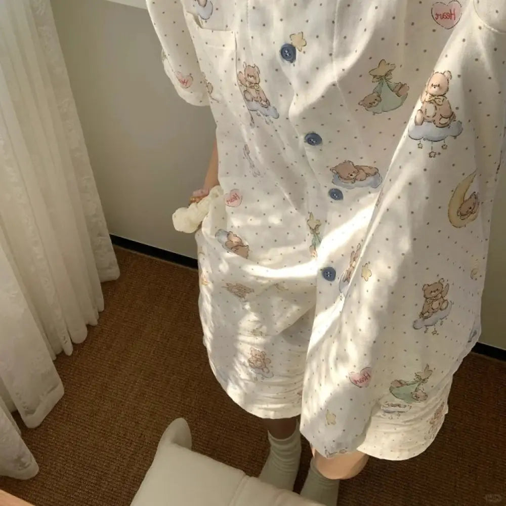 ID1356 パジャマセット レディース 夏 新作 くまちゃんプリント 和風カートゥーン 半袖 薄手 ダブルガーゼ お出かけOK スイート ガーリー ゆったりサイズ 通販人気