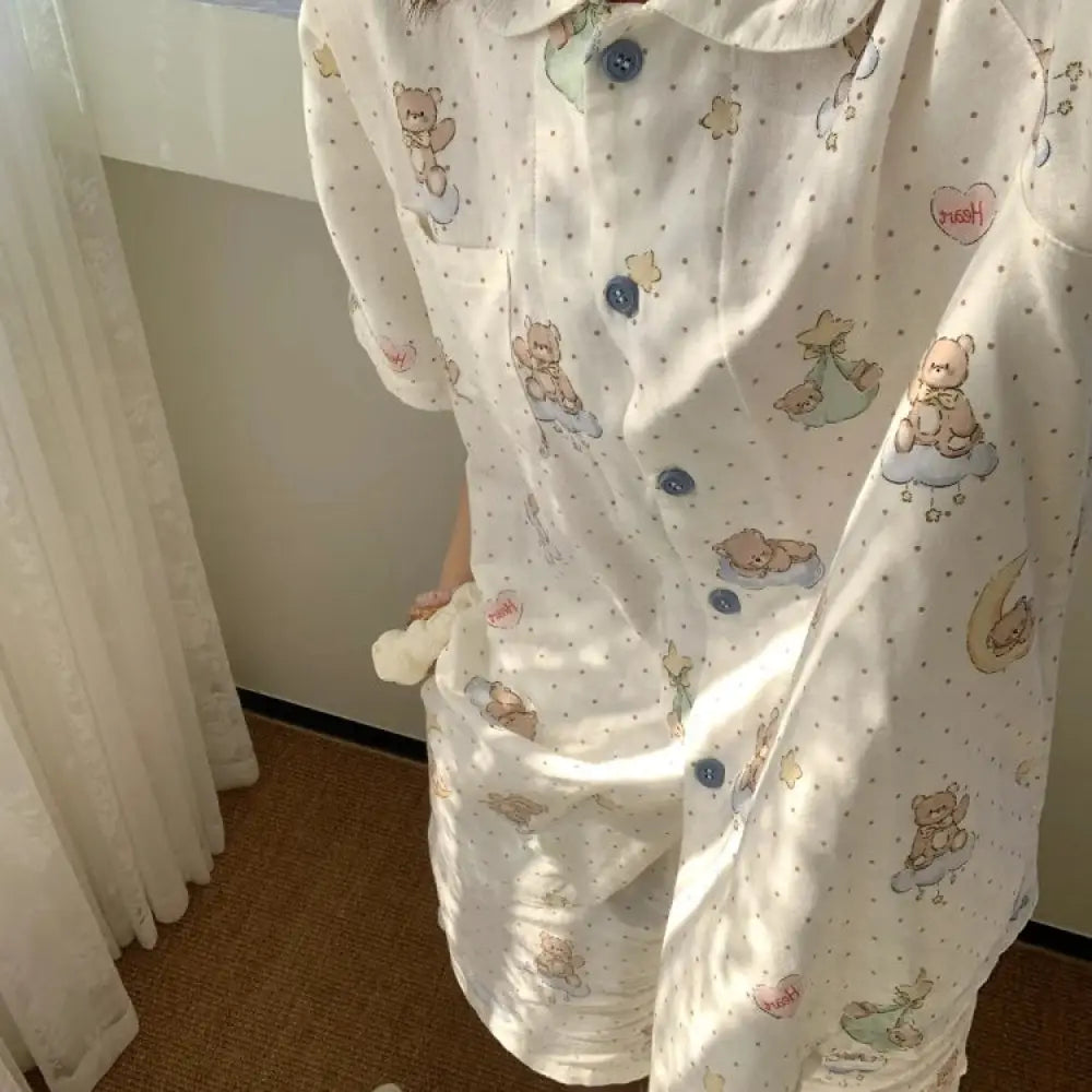 ID1356 パジャマセット レディース 夏 新作 くまちゃんプリント 和風カートゥーン 半袖 薄手 ダブルガーゼ お出かけOK スイート ガーリー ゆったりサイズ 通販人気