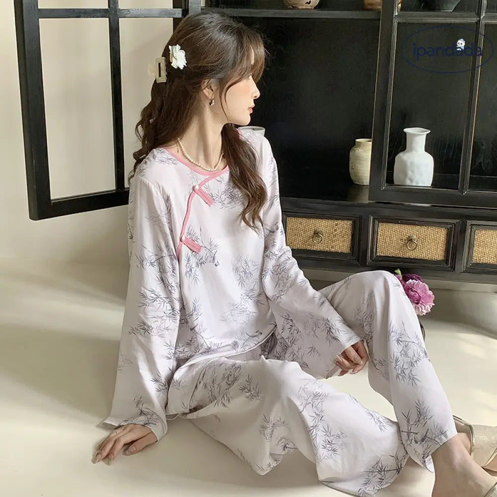 パンダ 2点セット パジャマ レディース 可愛く 快適 秋用 仏系 レディース 禅風 春秋 夏用 シルクプリント ID1820