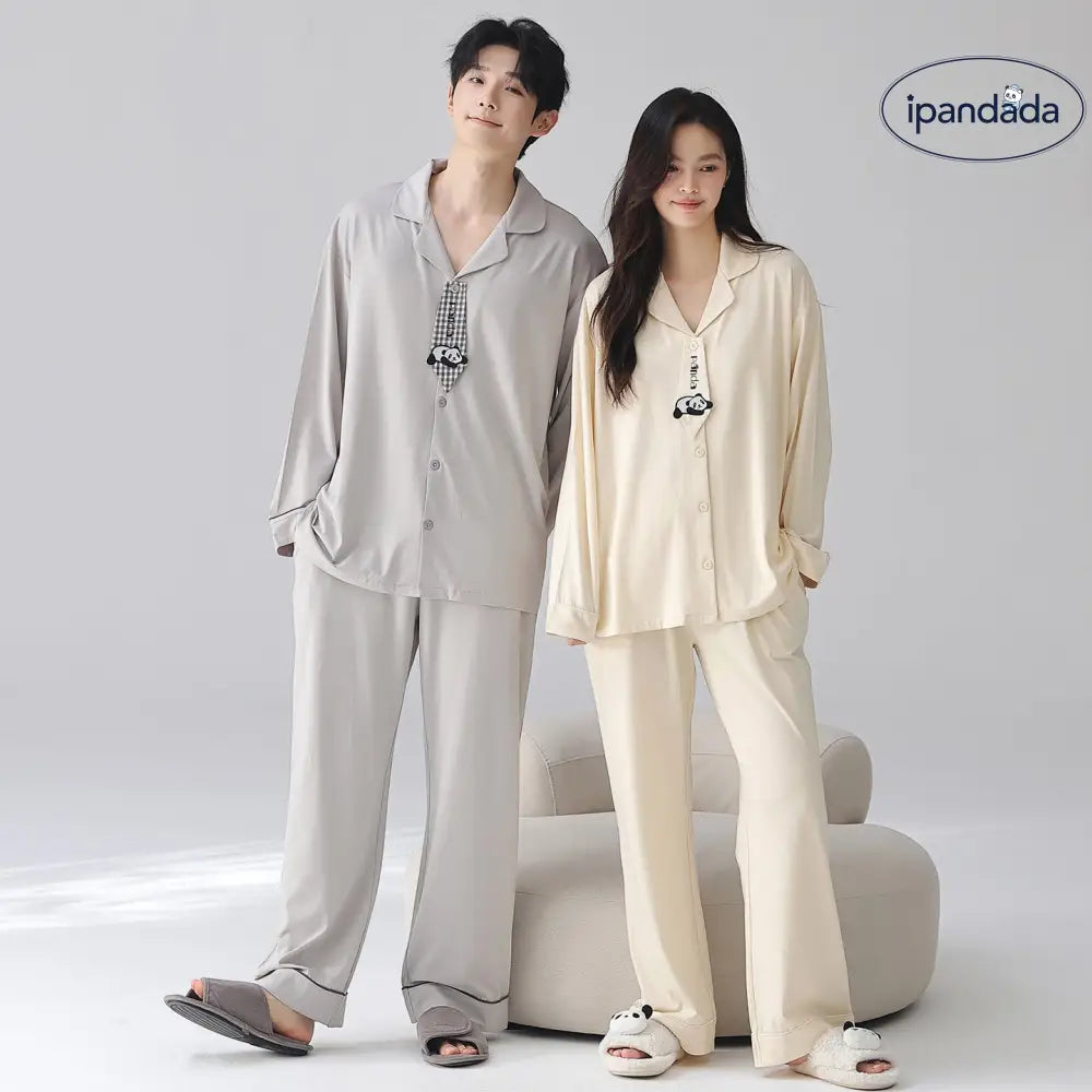 パンダ カップル パジャマ セット 春秋向け 長袖 ルームウェア 男女兼用 カジュアル 開襟シャツ かわいい キャラクター柄 家居服 ゆったり 家居着 ID4127 コーディネート＞ペアルック