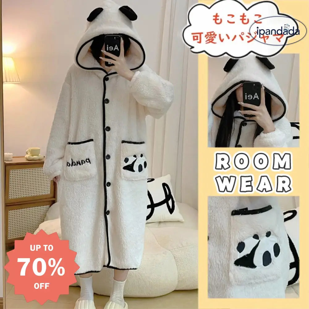 パンダ パジャマ 可愛い モコモコ ルームウェア ワンピース フード付き 大人用 着る毛布 動物 冬用 暖かい 女子会 寝巻き ガウン 韓国 レディース＞ワンピース