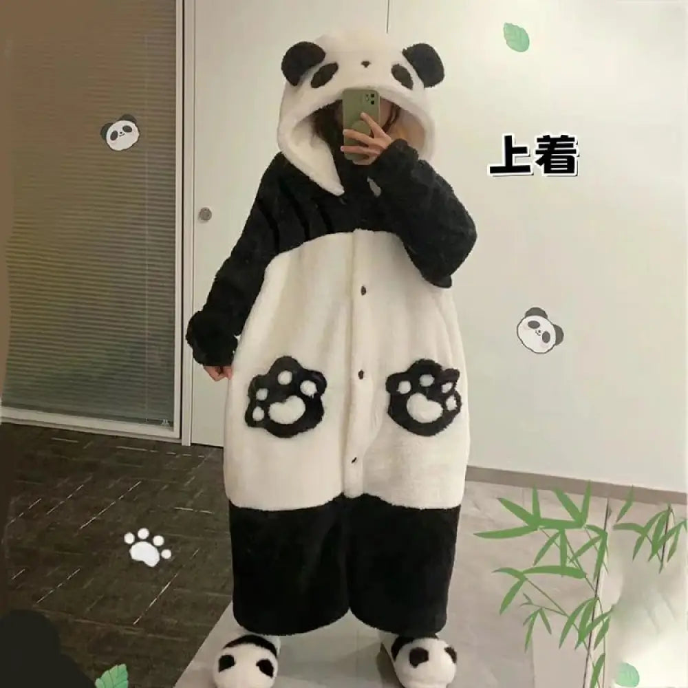 パンダ パジャマ ルームワンピース レディース 長袖 パジャマ 厚手 秋冬 フード付き 可愛い 暖かい ゆったり 大きいサイズ 部屋着 保温 肌に優しい 上着 / S レディース＞ワンピース