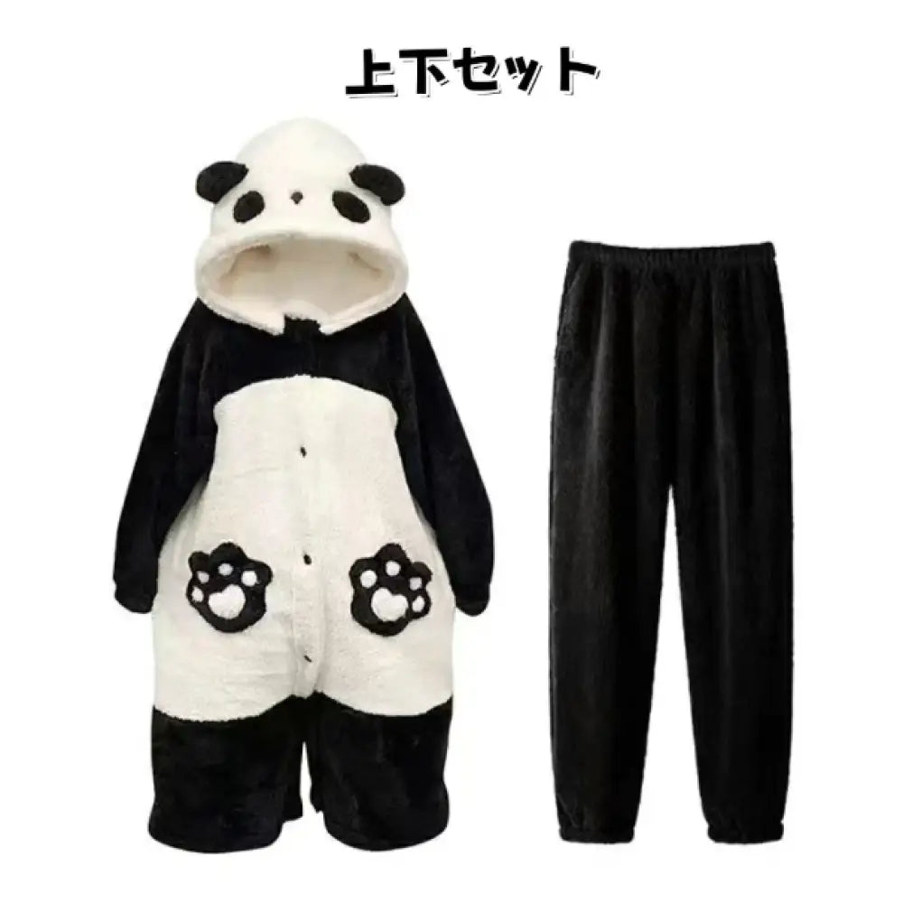 パンダ パジャマ ルームワンピース レディース 長袖 パジャマ 厚手 秋冬 フード付き 可愛い 暖かい ゆったり 大きいサイズ 部屋着 保温 肌に優しい 上下セット / S レディース＞ワンピース