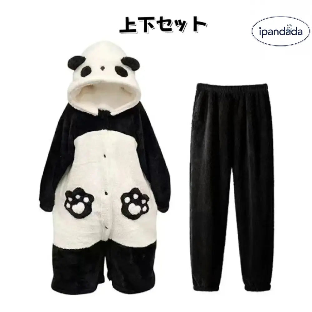 パンダ パジャマ ルームワンピース レディース 長袖 パジャマ 厚手 秋冬 フード付き 可愛い 暖かい ゆったり 大きいサイズ 部屋着 保温 肌に優しい 上下セット / S レディース＞ワンピース