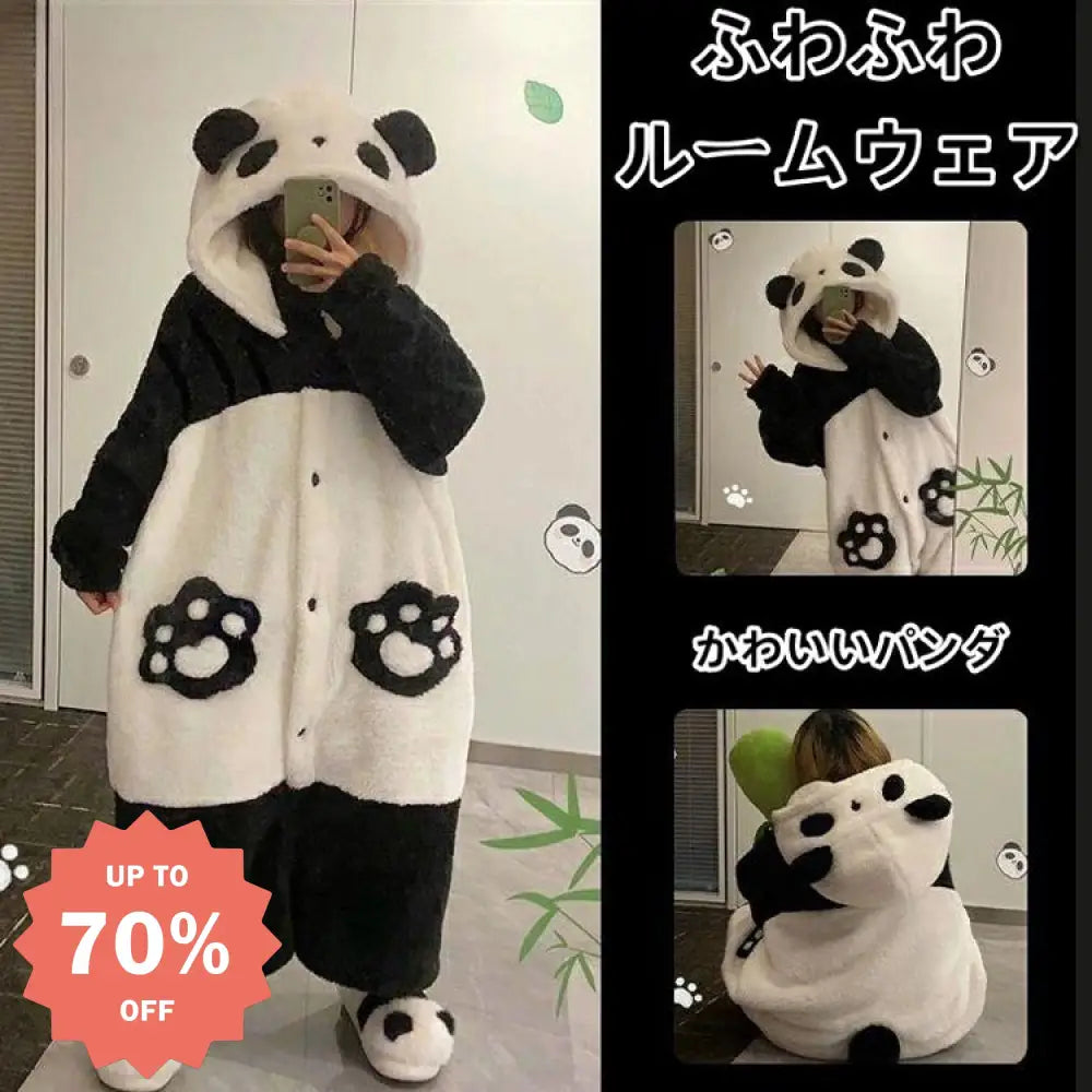 パンダ パジャマ ルームワンピース レディース 長袖 パジャマ 厚手 秋冬 フード付き 可愛い 暖かい ゆったり 大きいサイズ 部屋着 保温 肌に優しい レディース＞ワンピース