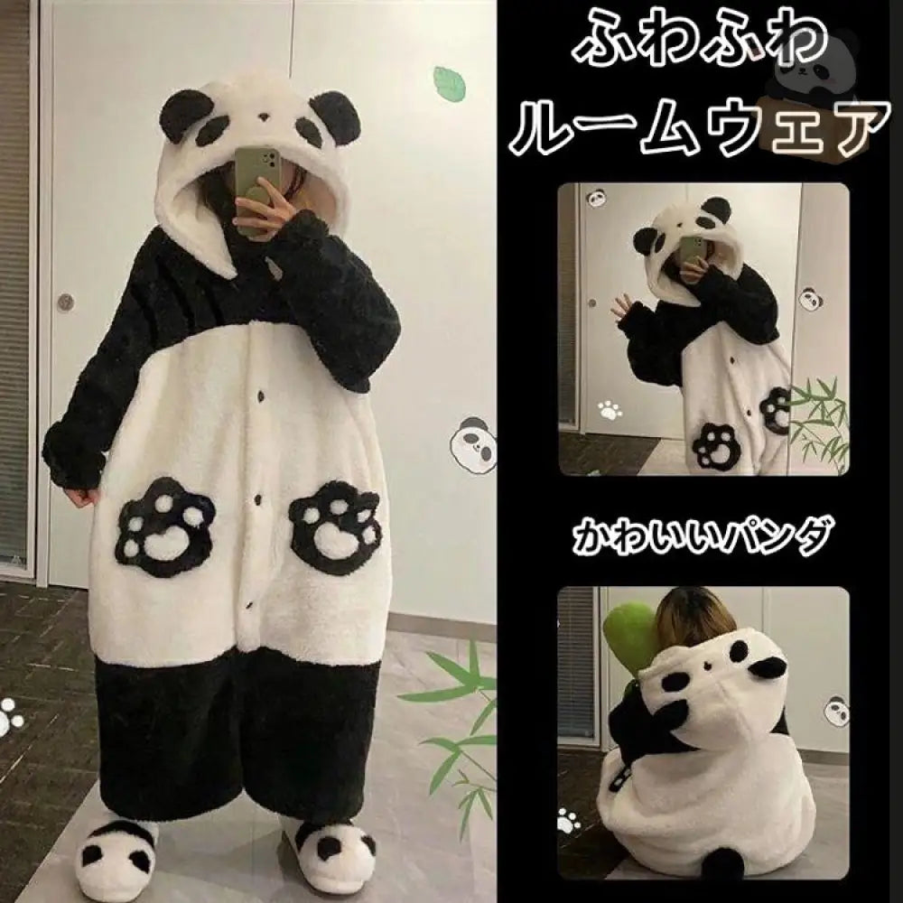 パンダ パジャマ ルームワンピース レディース 長袖 パジャマ 厚手 秋冬 フード付き 可愛い 暖かい ゆったり 大きいサイズ 部屋着 保温 肌に優しい レディース＞ワンピース