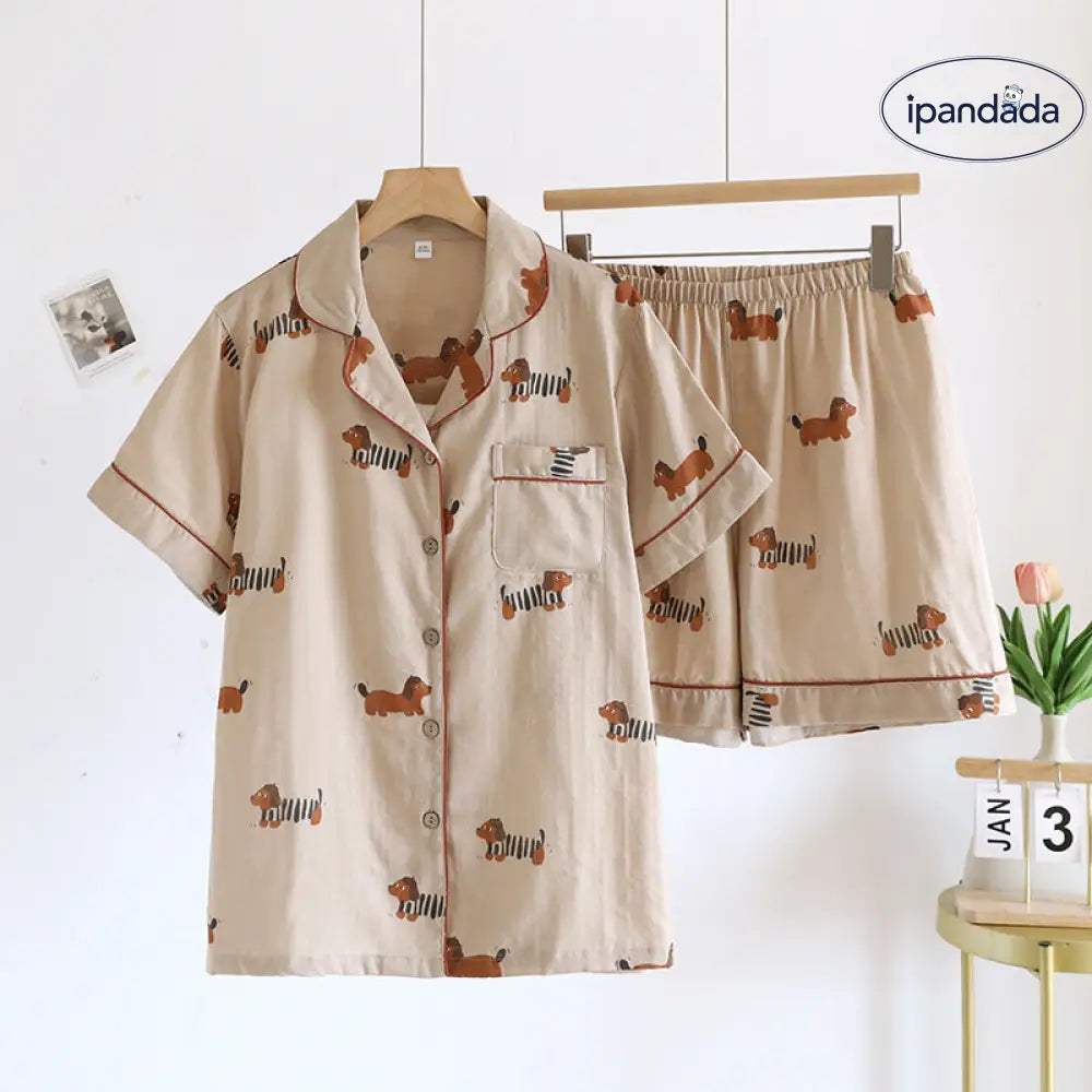 ID1514 ペア キャラクター 半袖 ショートパンツ パジャマ メンズ レディース オーガニックコットン ガーゼ 薄手 日本風 カーディガン 夏 ルームウェア ナチュラルテイスト