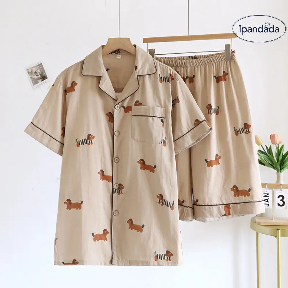 ID1514 ペア キャラクター 半袖 ショートパンツ パジャマ メンズ レディース オーガニックコットン ガーゼ 薄手 日本風 カーディガン 夏 ルームウェア ナチュラルテイスト